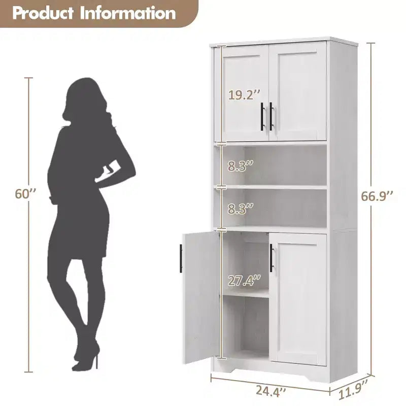 67 Tall Storage Cabinet, Tall Bathroom Cabinet with 4 Doors and Adjustable Shelves, Cupboard for Dining Room, Antique White
