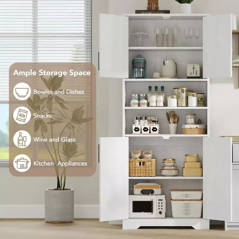 67 Tall Storage Cabinet, Tall Bathroom Cabinet with 4 Doors and Adjustable Shelves, Cupboard for Dining Room, Antique White