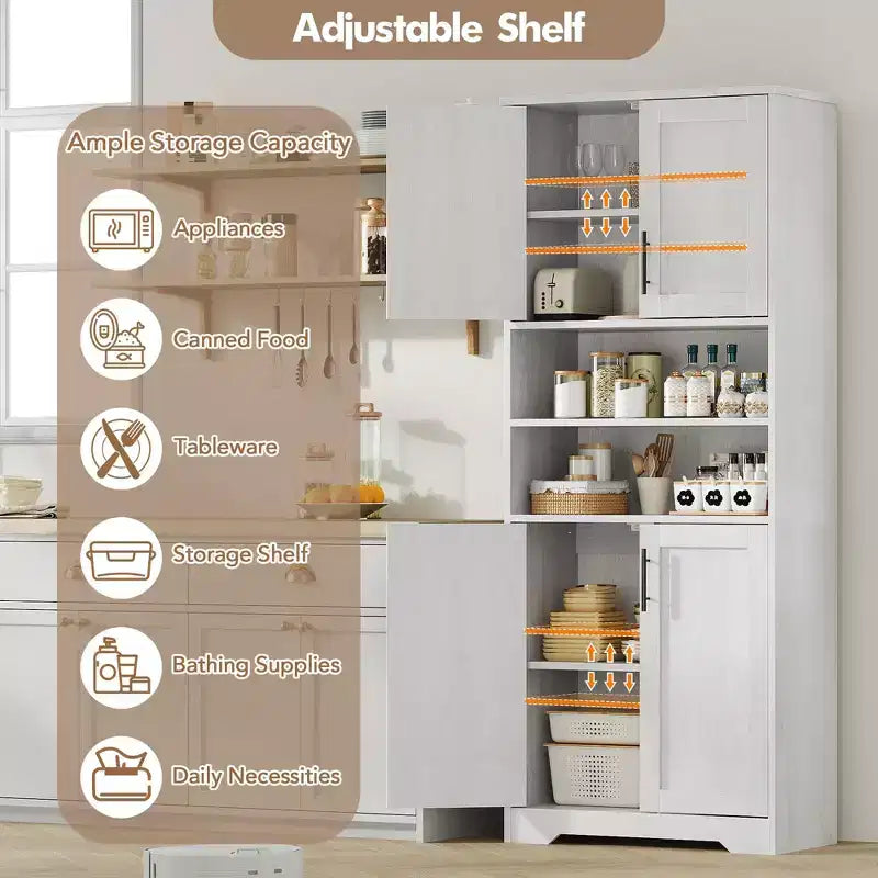 67 Tall Storage Cabinet, Tall Bathroom Cabinet with 4 Doors and Adjustable Shelves, Cupboard for Dining Room, Antique White