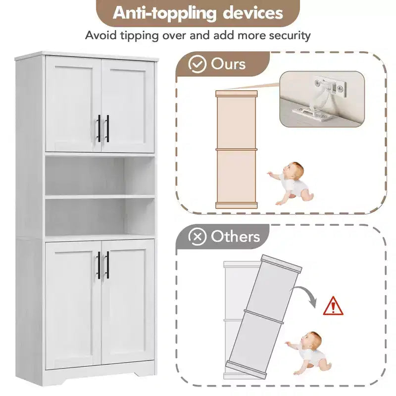67 Tall Storage Cabinet, Tall Bathroom Cabinet with 4 Doors and Adjustable Shelves, Cupboard for Dining Room, Antique White