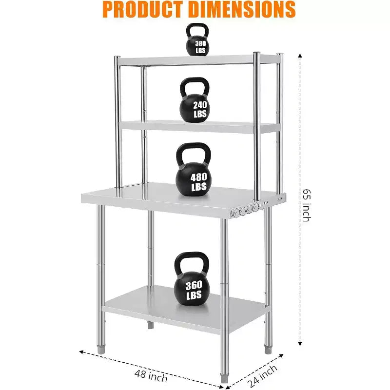 Stainless Steel Table with Overshelves, 48x24 Commercial Kitchen Prep & Work Table, for Kitchen Restaurant Garage Warehouse
