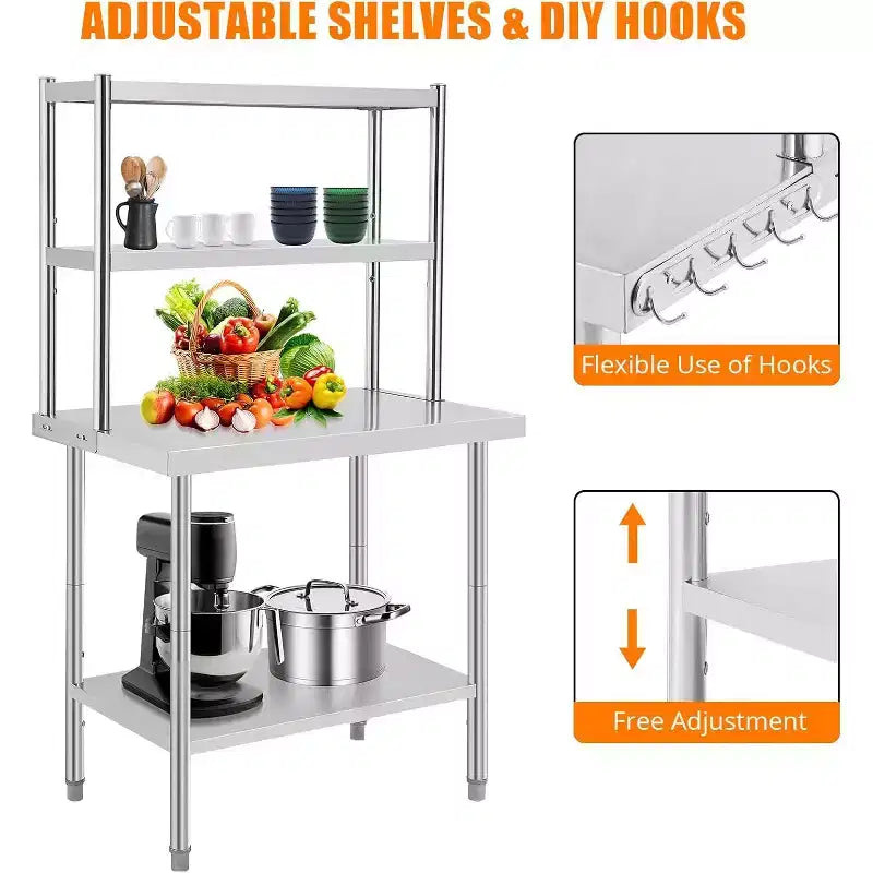 Stainless Steel Table with Overshelves, 48x24 Commercial Kitchen Prep & Work Table, for Kitchen Restaurant Garage Warehouse