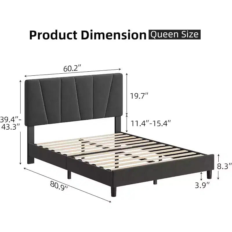 Bed Frame with Adjustable Headboard, Upholstered Platform Bed Frame with Strong Wooden Slats, No Box Spring Needed, Easy Assembly
