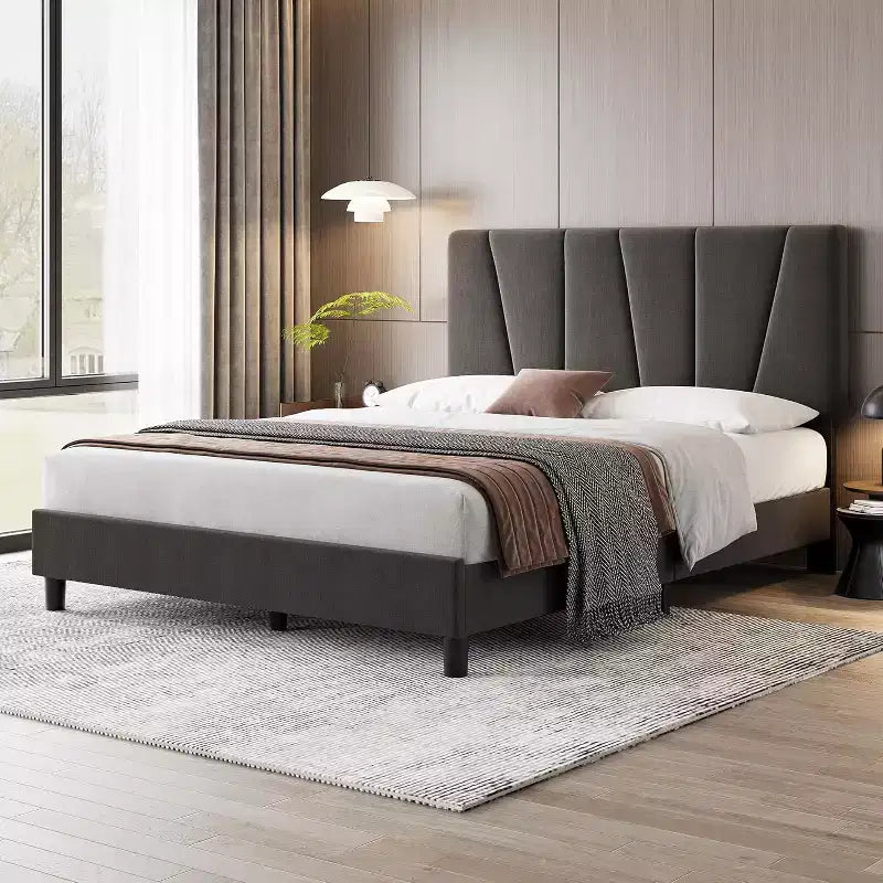 Bed Frame with Adjustable Headboard, Upholstered Platform Bed Frame with Strong Wooden Slats, No Box Spring Needed, Easy Assembly