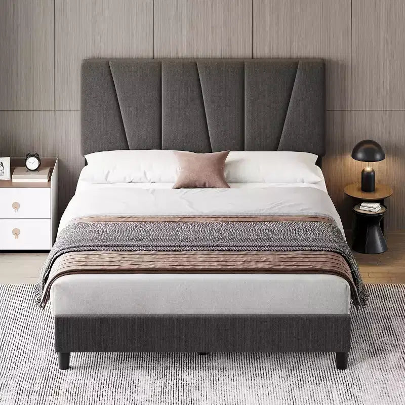Bed Frame with Adjustable Headboard, Upholstered Platform Bed Frame with Strong Wooden Slats, No Box Spring Needed, Easy Assembly