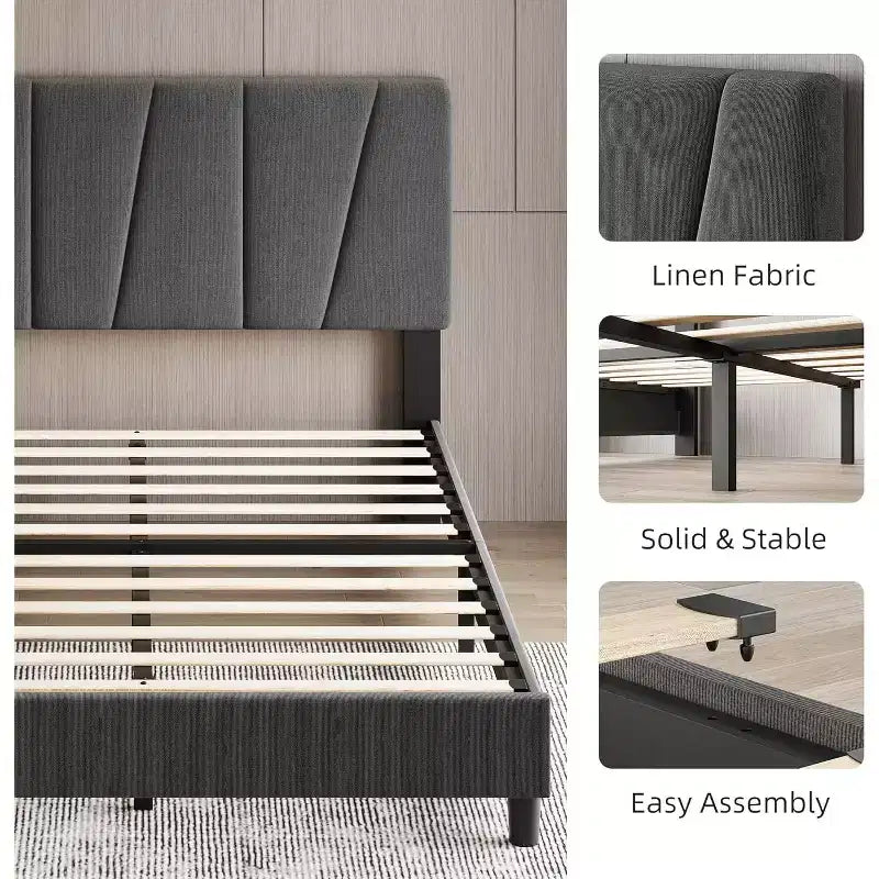 Bed Frame with Adjustable Headboard, Upholstered Platform Bed Frame with Strong Wooden Slats, No Box Spring Needed, Easy Assembly