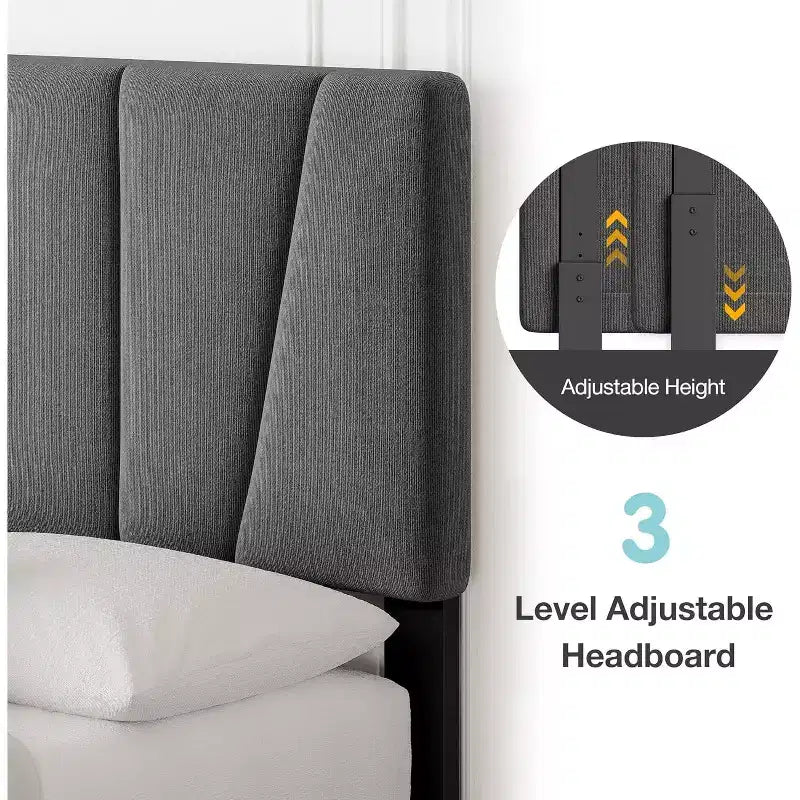 Bed Frame with Adjustable Headboard, Upholstered Platform Bed Frame with Strong Wooden Slats, No Box Spring Needed, Easy Assembly
