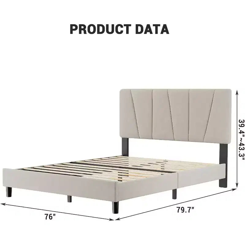 Bed Frame with Adjustable Headboard, Upholstered Platform Bed Frame with Strong Wooden Slats, No Box Spring Needed, Easy Assembly