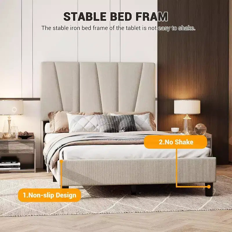 Bed Frame with Adjustable Headboard, Upholstered Platform Bed Frame with Strong Wooden Slats, No Box Spring Needed, Easy Assembly