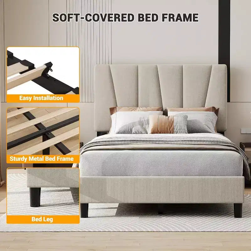 Bed Frame with Adjustable Headboard, Upholstered Platform Bed Frame with Strong Wooden Slats, No Box Spring Needed, Easy Assembly