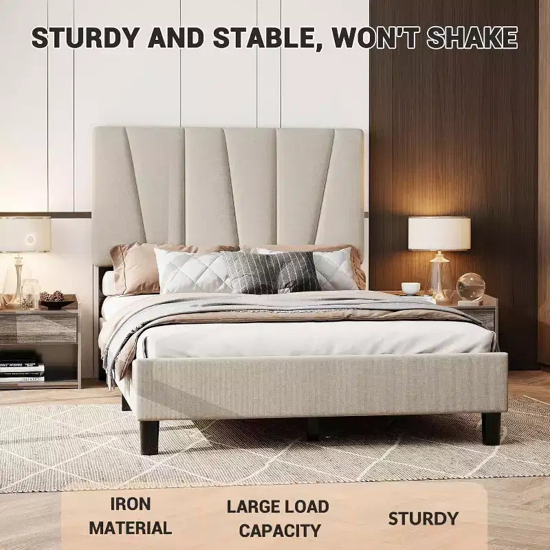 Bed Frame with Adjustable Headboard, Upholstered Platform Bed Frame with Strong Wooden Slats, No Box Spring Needed, Easy Assembly