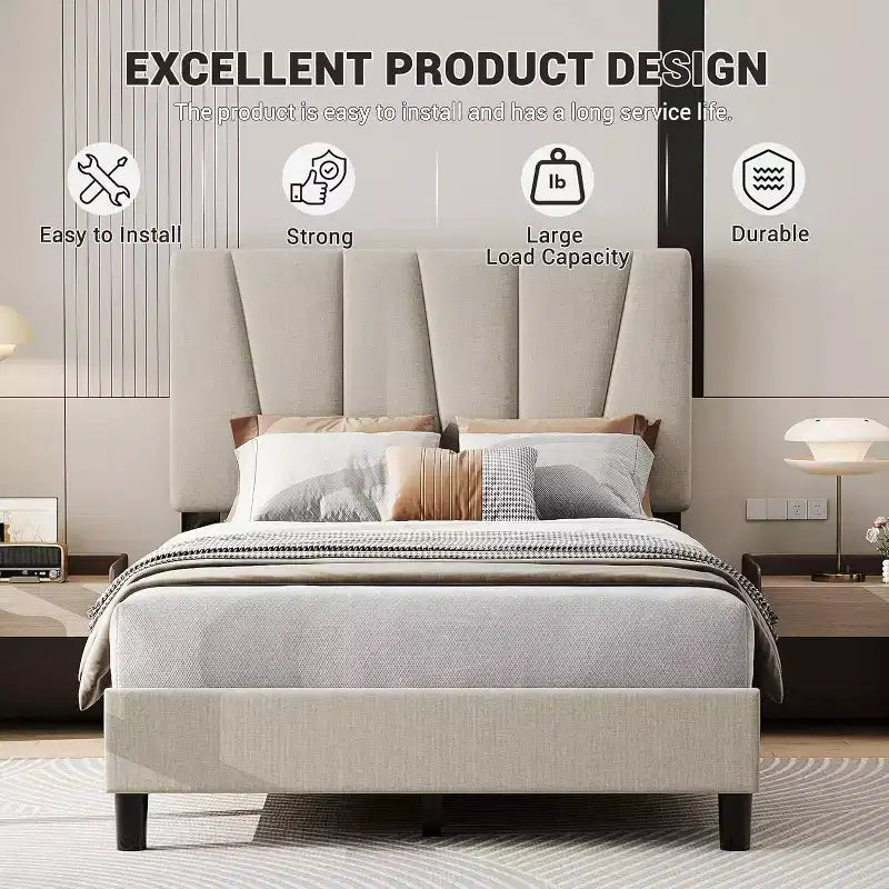 Bed Frame with Adjustable Headboard, Upholstered Platform Bed Frame with Strong Wooden Slats, No Box Spring Needed, Easy Assembly