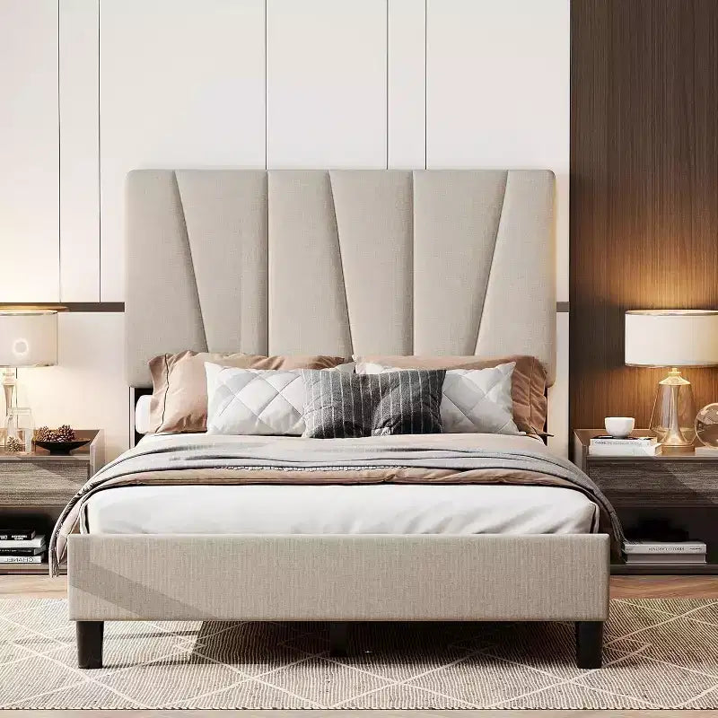 Bed Frame with Adjustable Headboard, Upholstered Platform Bed Frame with Strong Wooden Slats, No Box Spring Needed, Easy Assembly