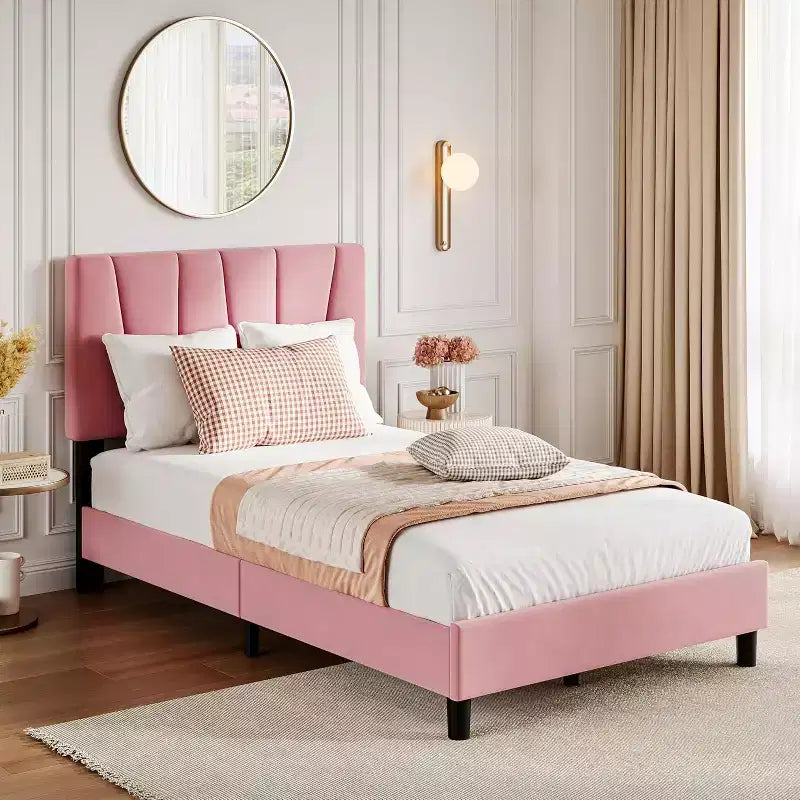 Bed Frame with Adjustable Headboard, Upholstered Platform Bed Frame with Strong Wooden Slats, No Box Spring Needed, Easy Assembly