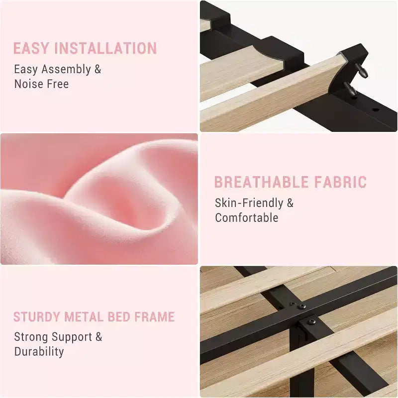 Bed Frame with Adjustable Headboard, Upholstered Platform Bed Frame with Strong Wooden Slats, No Box Spring Needed, Easy Assembly