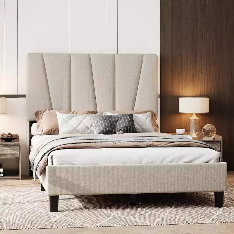 Bed Frame with Adjustable Headboard, Upholstered Platform Bed Frame with Strong Wooden Slats, No Box Spring Needed, Easy Assembly
