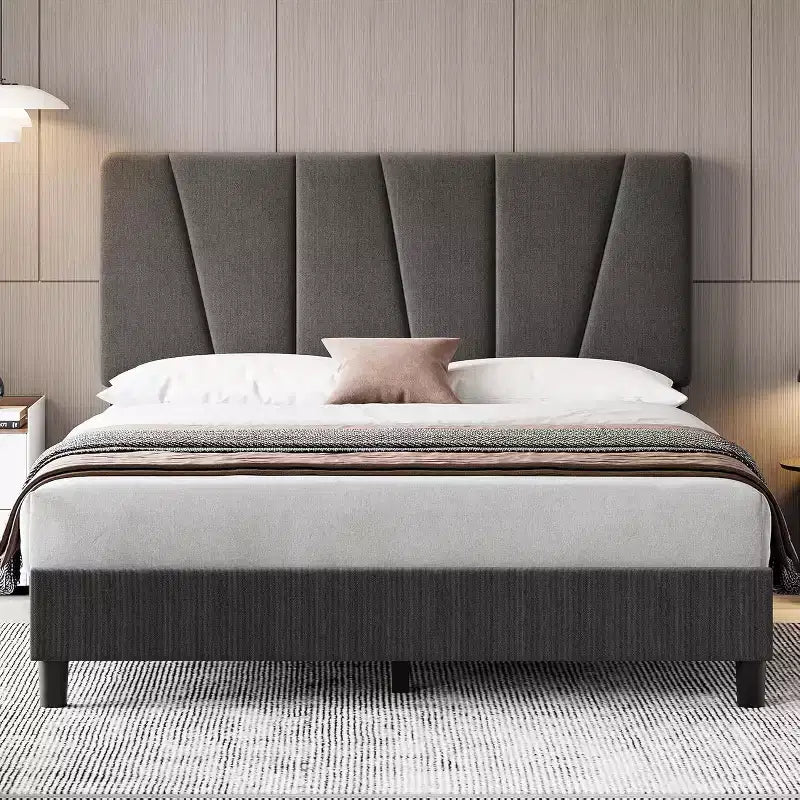 Bed Frame with Adjustable Headboard, Upholstered Platform Bed Frame with Strong Wooden Slats, No Box Spring Needed, Easy Assembly