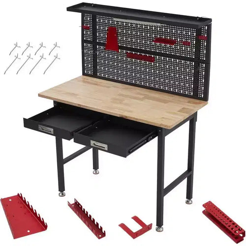 Banco da lavoro 48" con pannello forato, presa elettrica e cassetti - Tavolo da lavoro in legno resistente per officina o garage