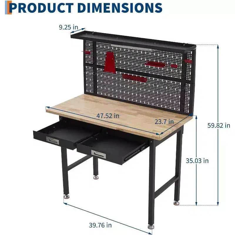 48" Garage Work Bench with Pegboard, Power Outlet and Drawers - Heavy Duty Wooden Work Table