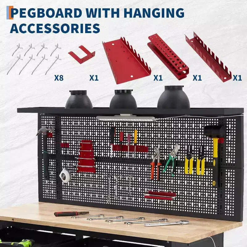 48" Garage Work Bench with Pegboard, Power Outlet and Drawers - Heavy Duty Wooden Work Table