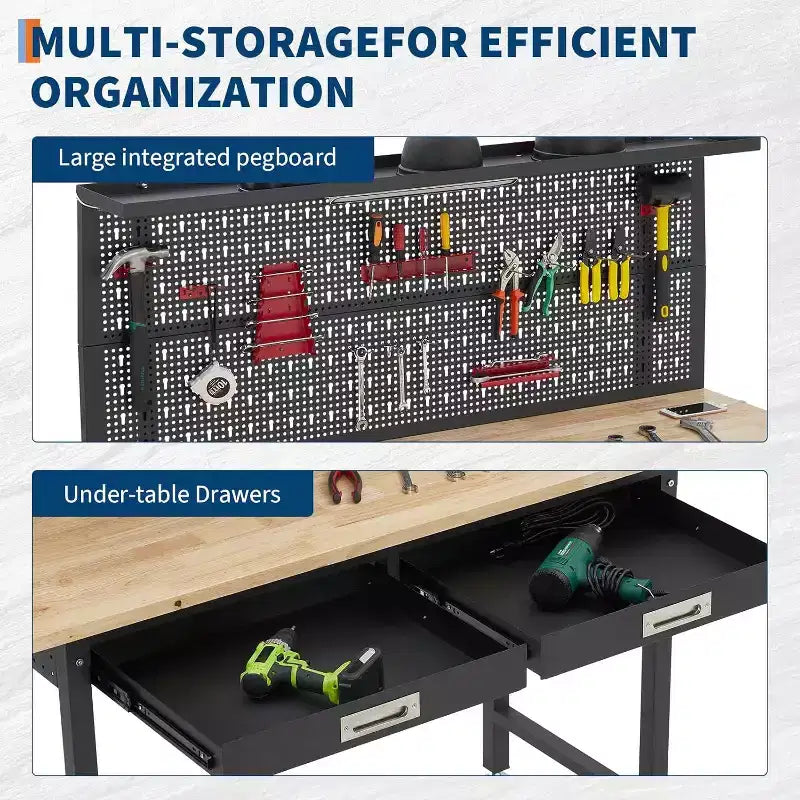 48" Garage Work Bench with Pegboard, Power Outlet and Drawers - Heavy Duty Wooden Work Table