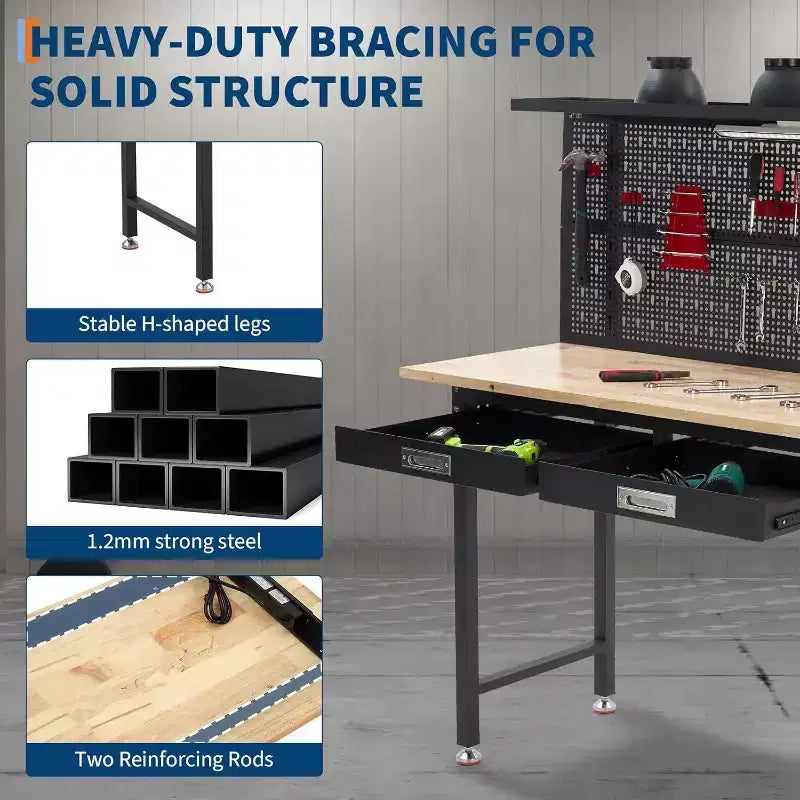 48" Garage Work Bench with Pegboard, Power Outlet and Drawers - Heavy Duty Wooden Work Table