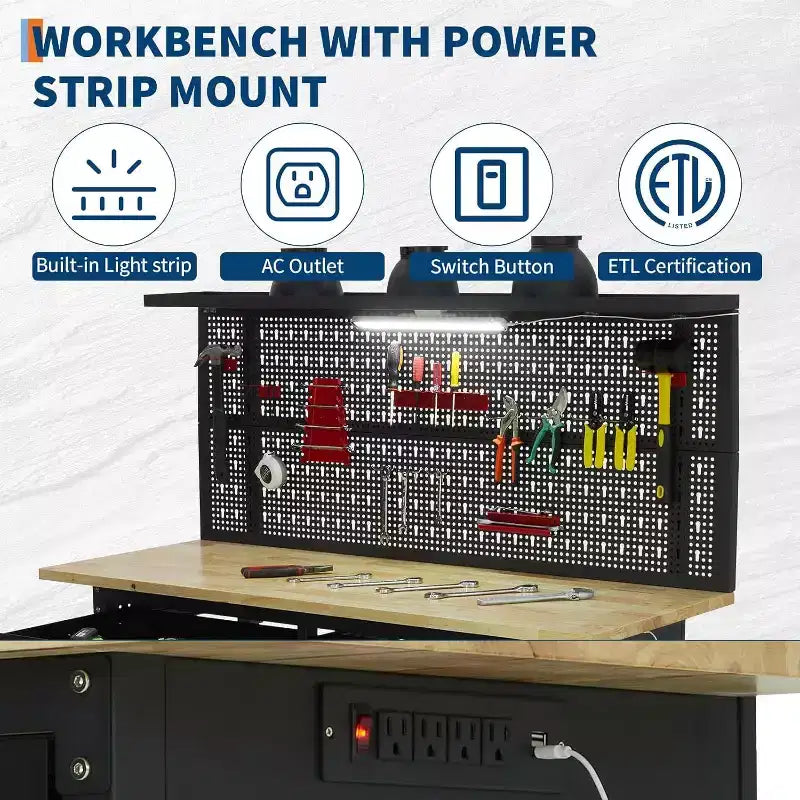 48" Garage Work Bench with Pegboard, Power Outlet and Drawers - Heavy Duty Wooden Work Table