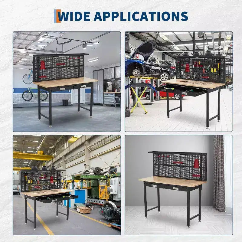 48" Garage Work Bench with Pegboard, Power Outlet and Drawers - Heavy Duty Wooden Work Table