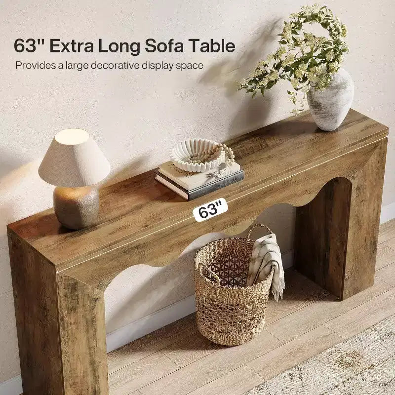 63" Farmhouse Console Table - Solid Wood Sofa Table with 2-Tier Storage