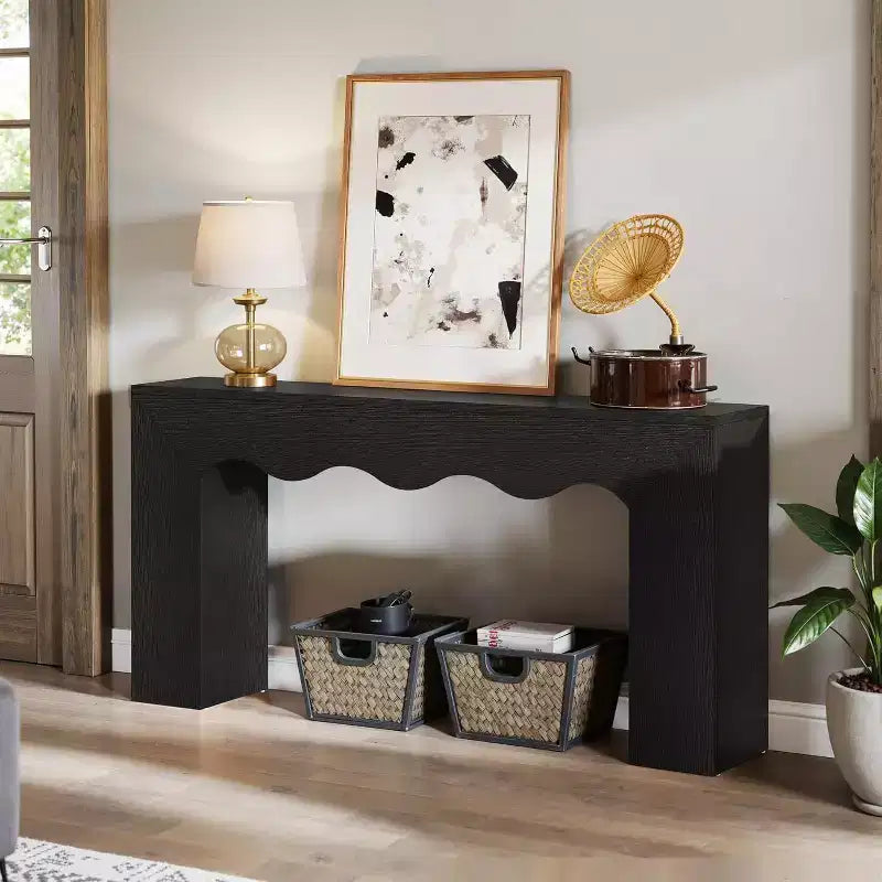 63" Farmhouse Console Table - Solid Wood Sofa Table with 2-Tier Storage