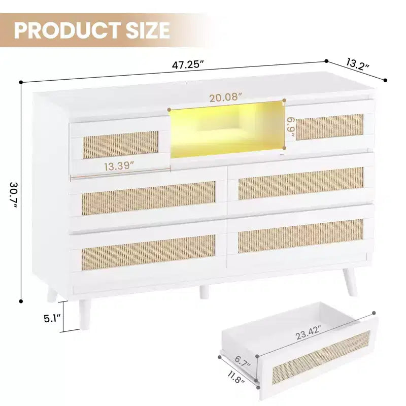 Large Wooden Rattan 6 Drawers, Natural Wood Dressers with LED Light and Charging Station for Closet, Nursery, Living Room