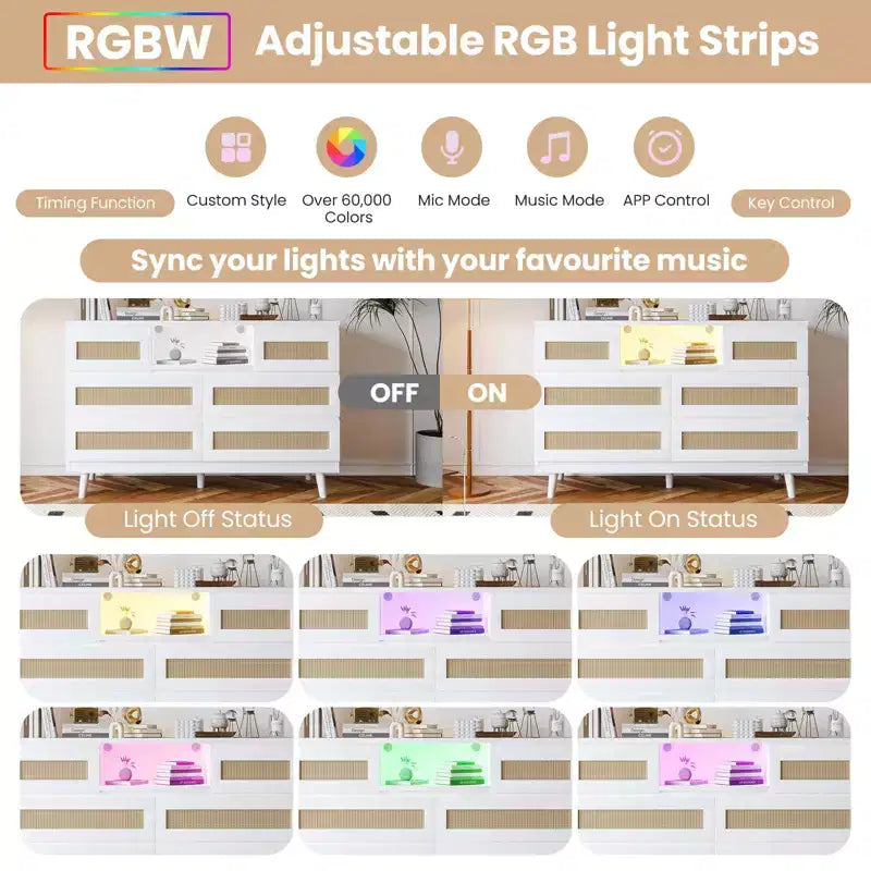 Large Wooden Rattan 6 Drawers, Natural Wood Dressers with LED Light and Charging Station for Closet, Nursery, Living Room