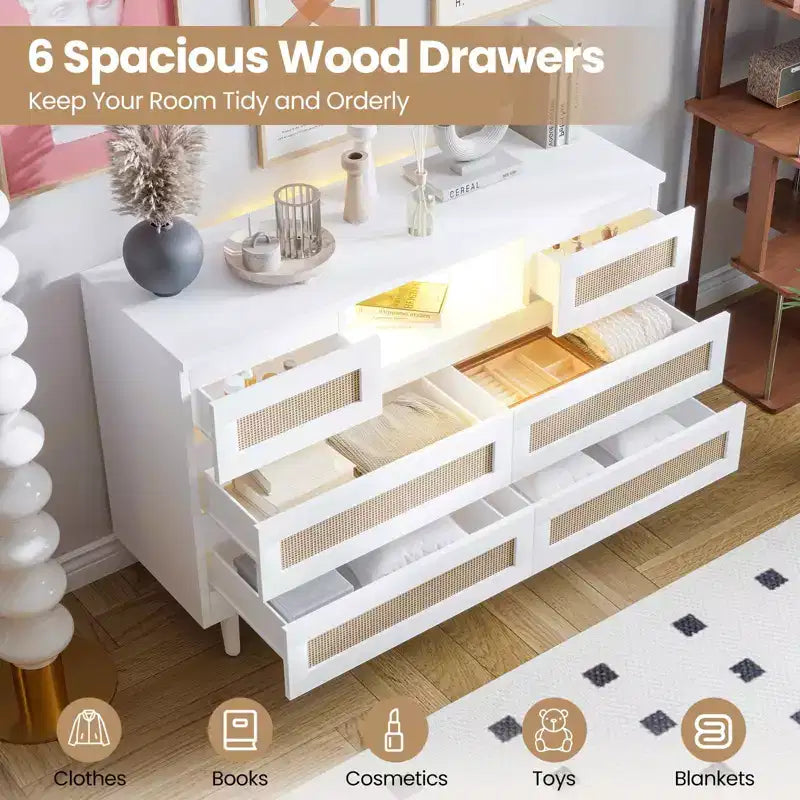 Large Wooden Rattan 6 Drawers, Natural Wood Dressers with LED Light and Charging Station for Closet, Nursery, Living Room