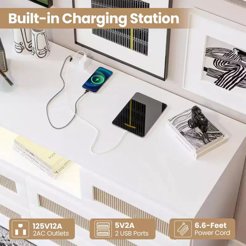 Large Wooden Rattan 6 Drawers, Natural Wood Dressers with LED Light and Charging Station for Closet, Nursery, Living Room