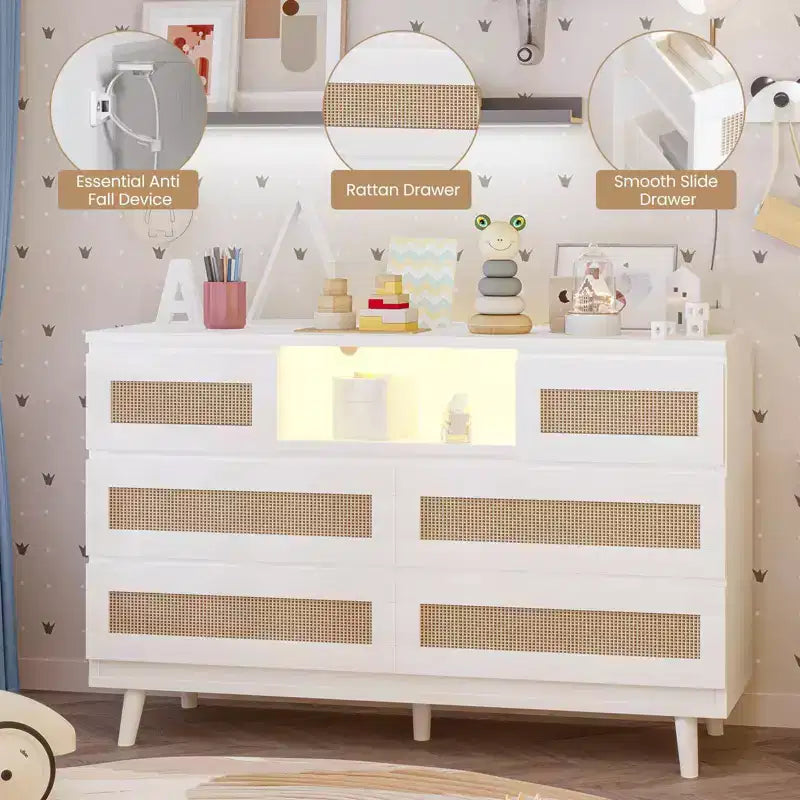 Large Wooden Rattan 6 Drawers, Natural Wood Dressers with LED Light and Charging Station for Closet, Nursery, Living Room