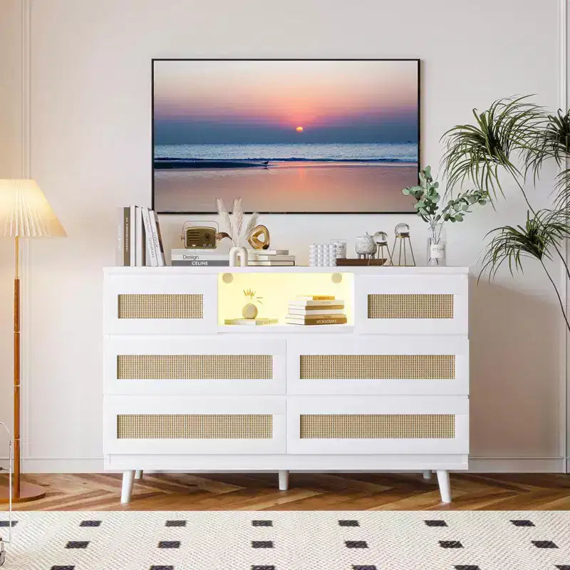 Large Wooden Rattan 6 Drawers, Natural Wood Dressers with LED Light and Charging Station for Closet, Nursery, Living Room
