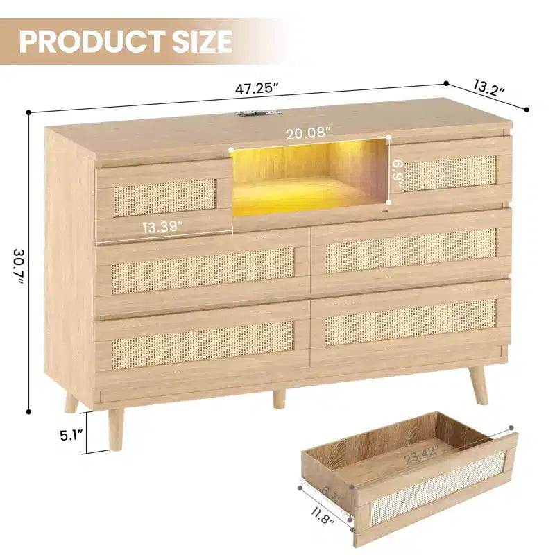 Large Wooden Rattan 6 Drawers, Natural Wood Dressers with LED Light and Charging Station for Closet, Nursery, Living Room