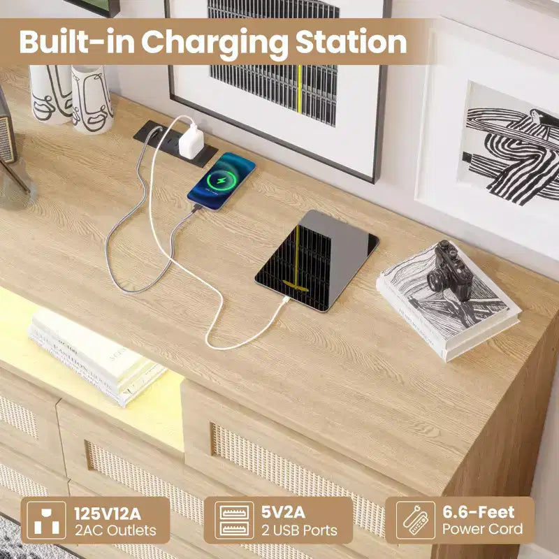 Large Wooden Rattan 6 Drawers, Natural Wood Dressers with LED Light and Charging Station for Closet, Nursery, Living Room