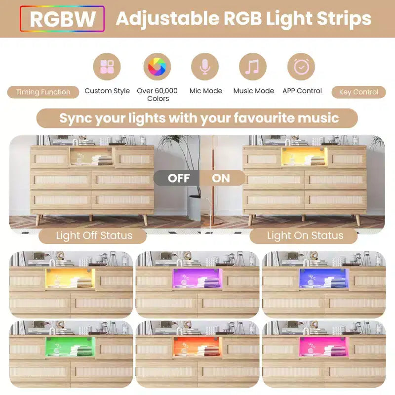 Large Wooden Rattan 6 Drawers, Natural Wood Dressers with LED Light and Charging Station for Closet, Nursery, Living Room