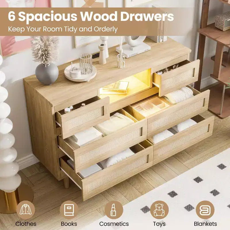 Large Wooden Rattan 6 Drawers, Natural Wood Dressers with LED Light and Charging Station for Closet, Nursery, Living Room