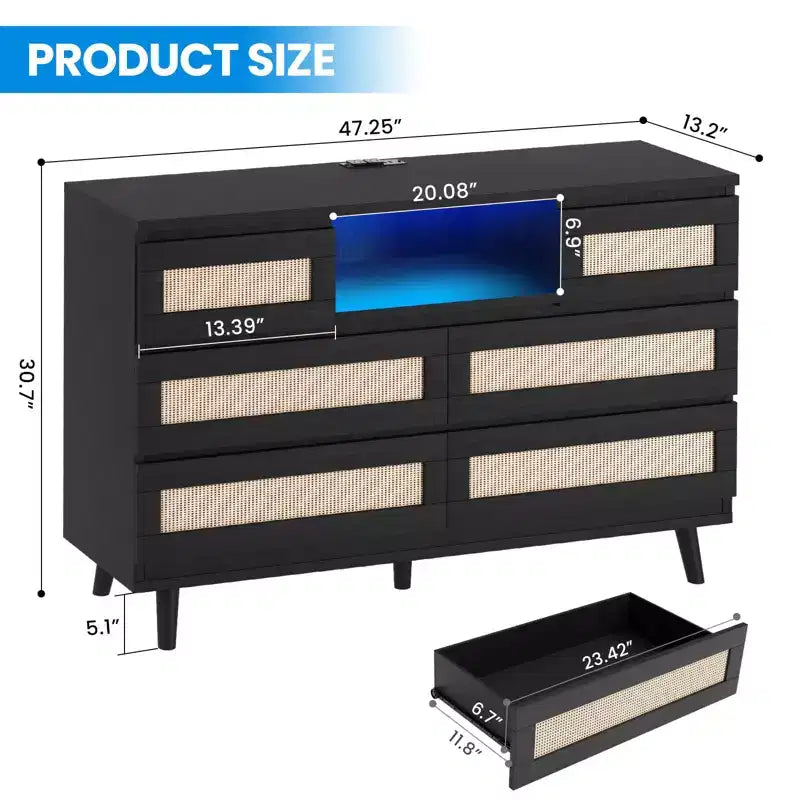Large Wooden Rattan 6 Drawers, Natural Wood Dressers with LED Light and Charging Station for Closet, Nursery, Living Room