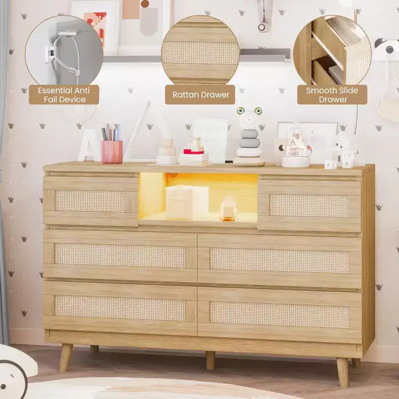 Large Wooden Rattan 6 Drawers, Natural Wood Dressers with LED Light and Charging Station for Closet, Nursery, Living Room