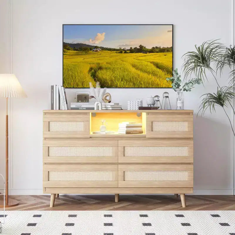 Large Wooden Rattan 6 Drawers, Natural Wood Dressers with LED Light and Charging Station for Closet, Nursery, Living Room