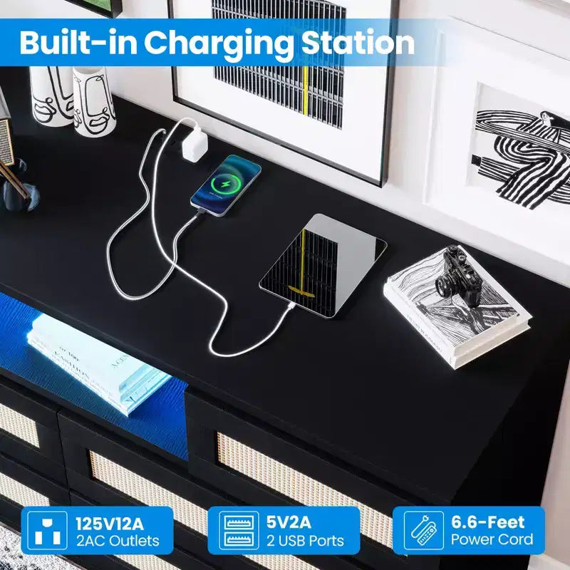 Large Wooden Rattan 6 Drawers, Natural Wood Dressers with LED Light and Charging Station for Closet, Nursery, Living Room
