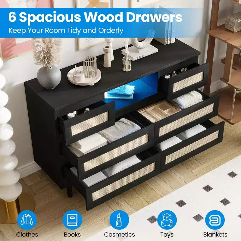 Large Wooden Rattan 6 Drawers, Natural Wood Dressers with LED Light and Charging Station for Closet, Nursery, Living Room