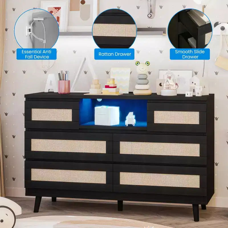 Large Wooden Rattan 6 Drawers, Natural Wood Dressers with LED Light and Charging Station for Closet, Nursery, Living Room
