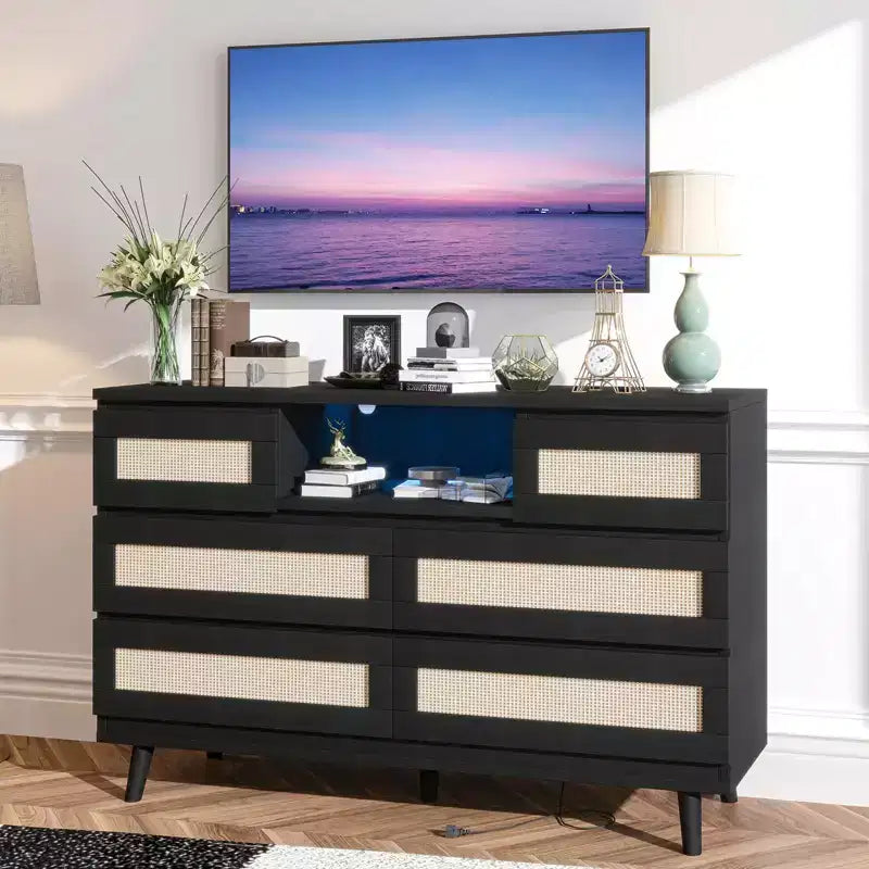 Large Wooden Rattan 6 Drawers, Natural Wood Dressers with LED Light and Charging Station for Closet, Nursery, Living Room