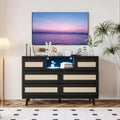 Large Wooden Rattan 6 Drawers, Natural Wood Dressers with LED Light and Charging Station for Closet, Nursery, Living Room