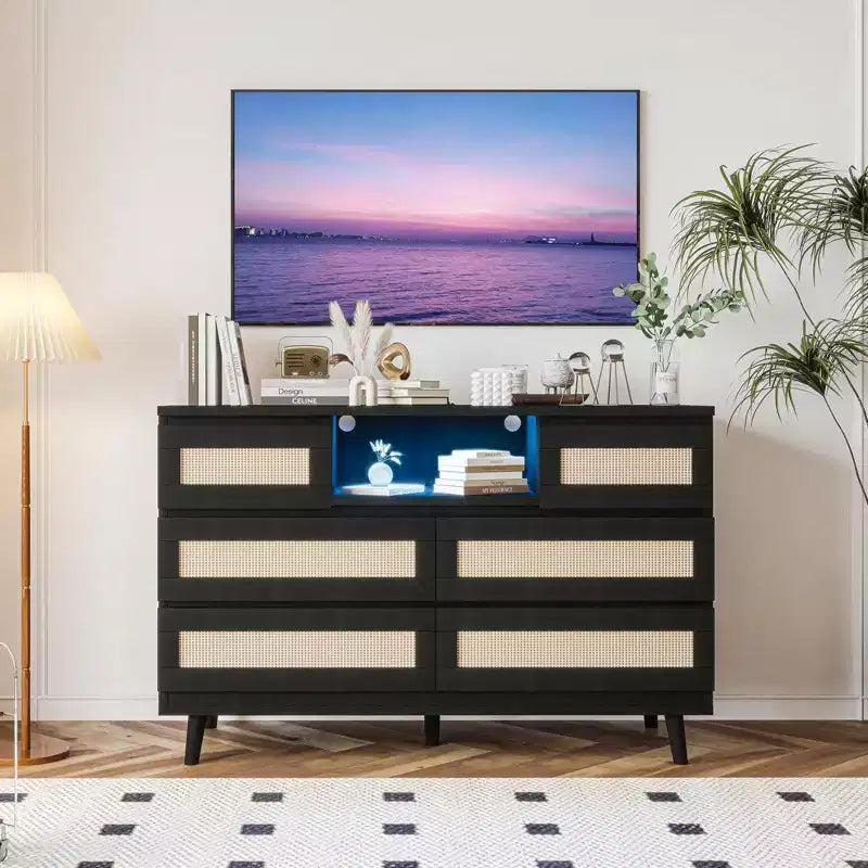 Large Wooden Rattan 6 Drawers, Natural Wood Dressers with LED Light and Charging Station for Closet, Nursery, Living Room