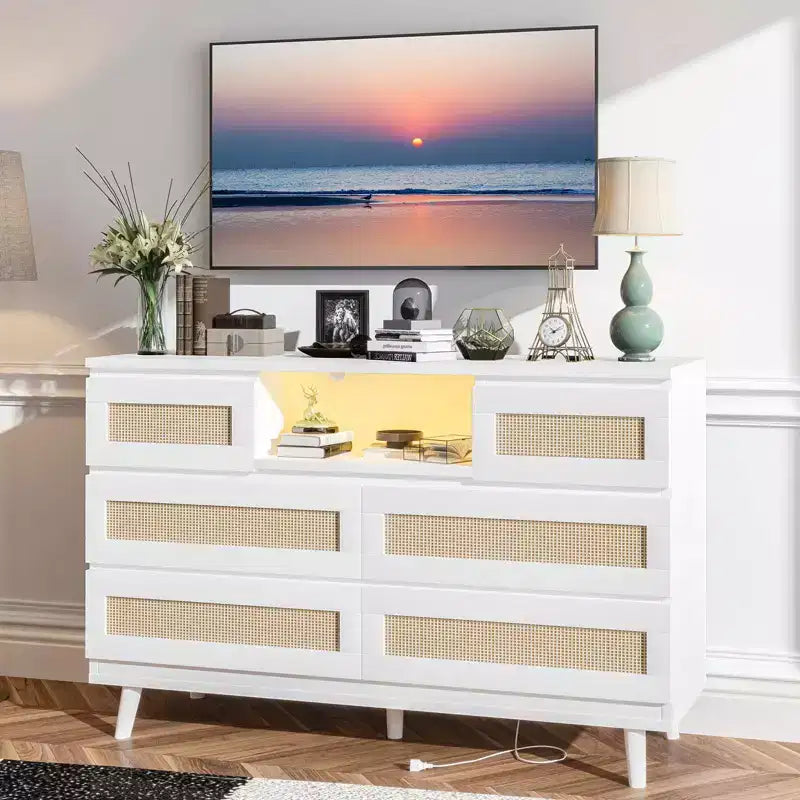 Large Wooden Rattan 6 Drawers, Natural Wood Dressers with LED Light and Charging Station for Closet, Nursery, Living Room